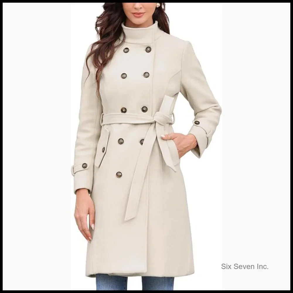 Polyester Pea Coat with Belt Double Breasted Trench Winter Coat - Picture 1 of 6